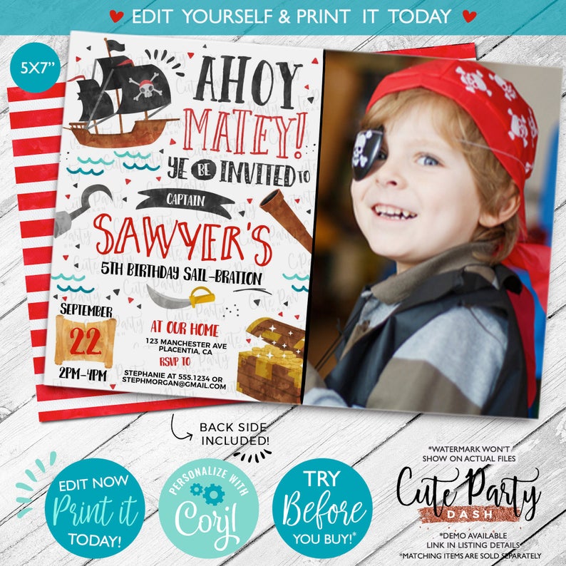 INSTANT DOWNLOAD – EDITABLE Pirate Birthday Photo invitation Ahoy Matey invitation pirate editable Pirate birthday corjl invitation