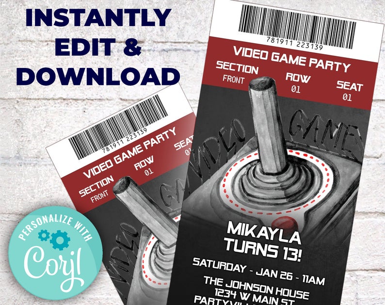 Video Game Party Invitation, Video Game Bus, Video Game Birthday, Gamer Birthday Invitation, Gaming Birthday Invite, Gaming Joystick, Corjl