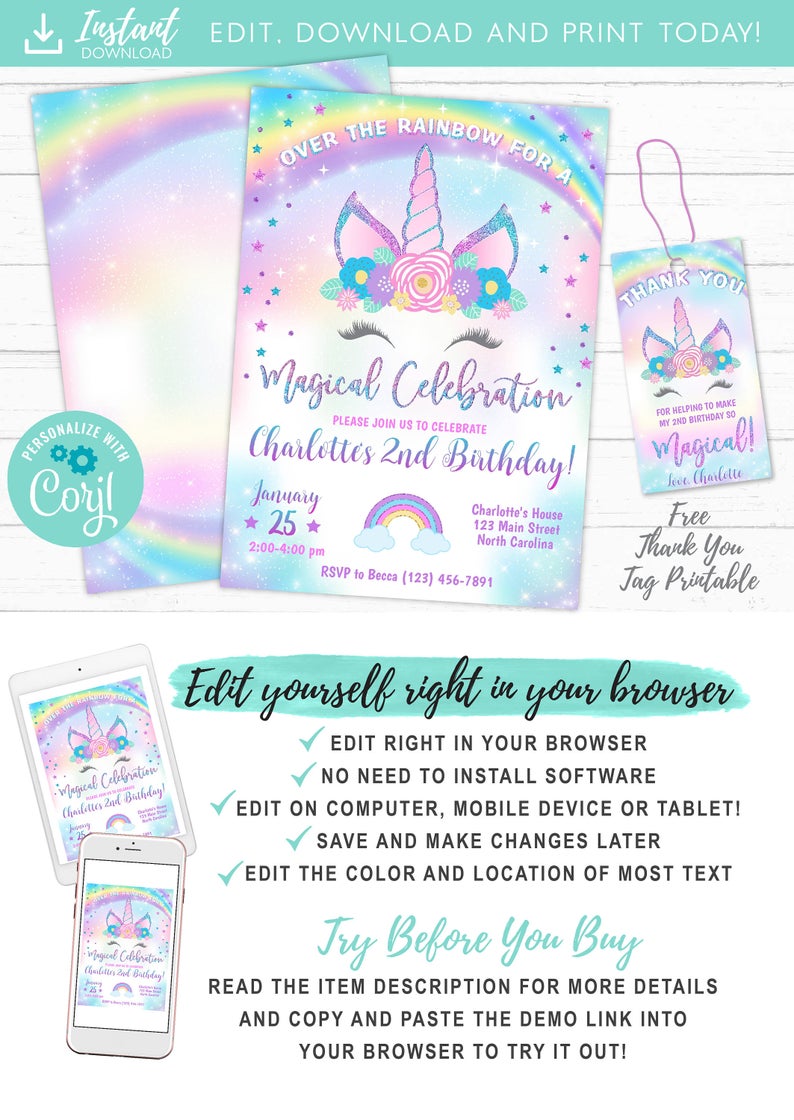Unicorn Invitation, Unicorn Birthday Invitation Template, Unicorn Party Invite, Rainbow Birthday Invite Printable Corjl, Thank You Tag