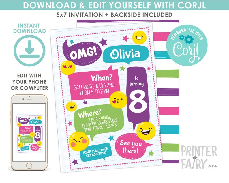 Emoji Invitation, EDITABLE Birthday Invitation, Emoji Birthday Party, Emoji Birthday Invitation, Emojis Party, EDIT YOURSELF Digital Invite