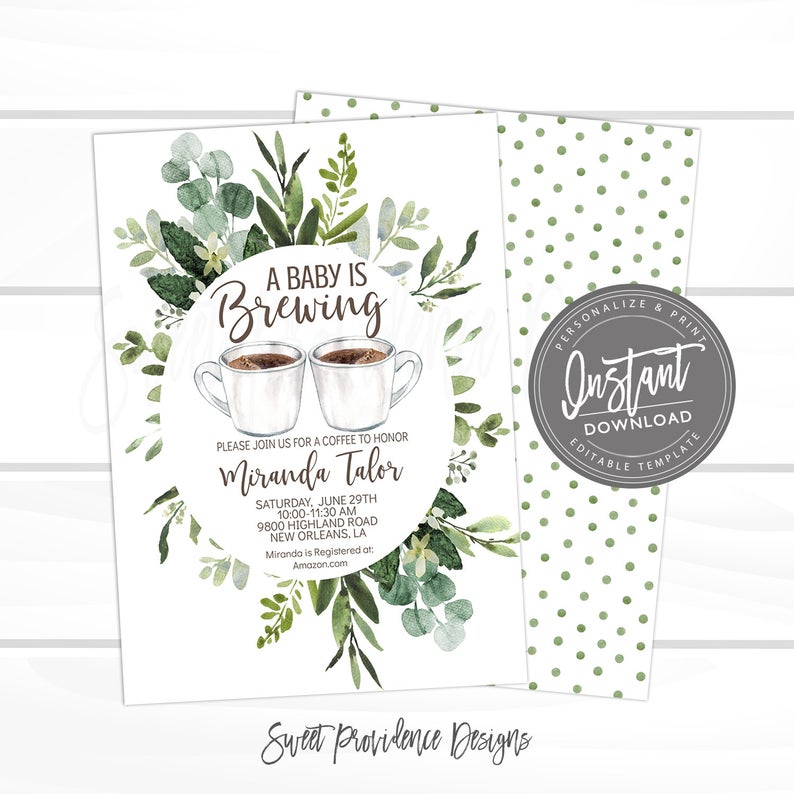 Baby is Brewing Shower Invitation, Coffee Invite, Tea, Editable Eucalyptus Greenery Baby boy Shower template, Instant Access – Edit NOW