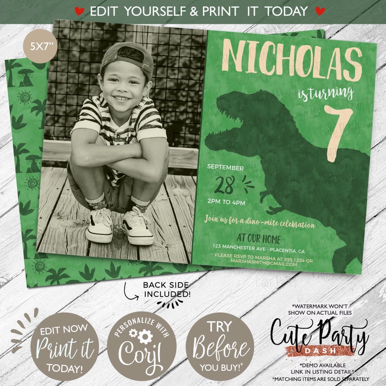 INSTANT DOWNLOAD – EDITABLE Dinosaur Birthday Photo invitations T-Rex Birthday Printable birthday corjl invitations dino-mite Invite