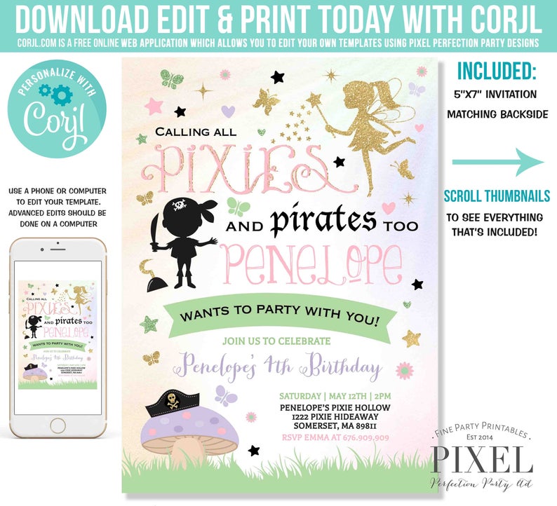 Pixies And Pirates Birthday Invitation Fairies & Pirates Invitation Pixies And Pirate Combined Party Instant Editable File Corjl U1