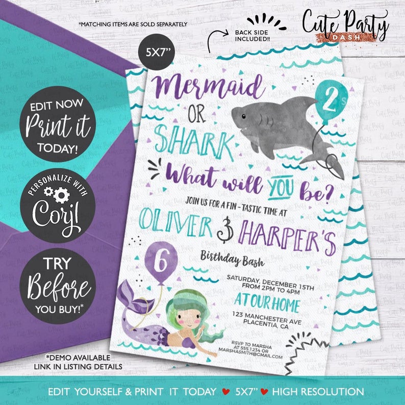 INSTANT DOWNLOAD – EDITABLE Mermaids and Sharks invitation Shark and mermaid corjl invitation Sibling under the sea Birthday joint twins