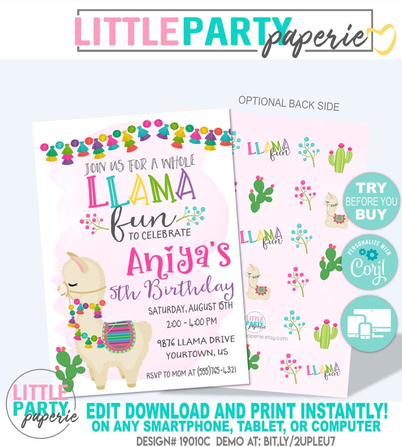 DITABLE Llama Birthday Invitation Template, Whole Llama Fun, Cactus, Alpaca, Fiesta, EDITABLE Invitation, CORJL Template, Design 19010C
