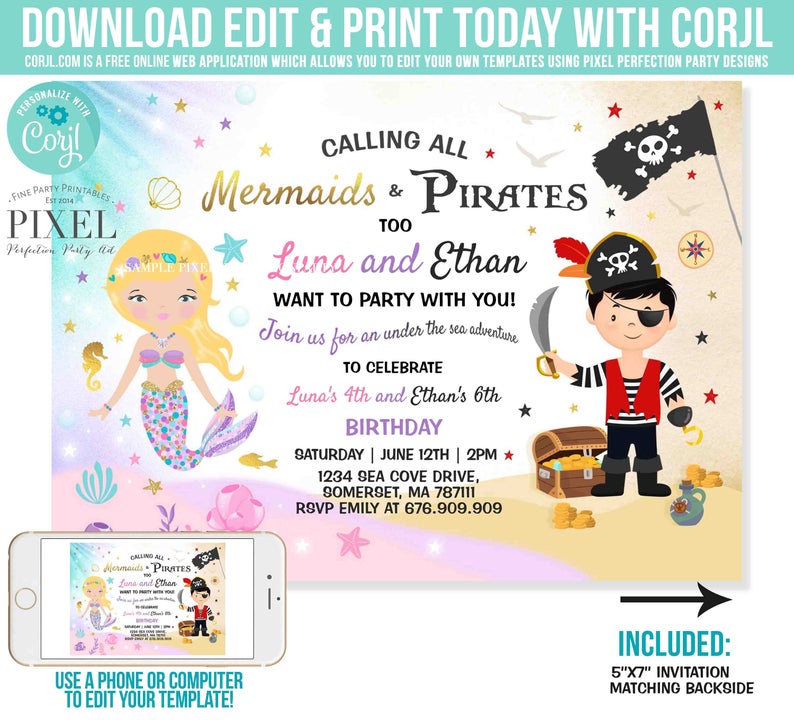 Mermaid And Pirate Birthday Invitation Sibling Mermaid & Pirate Invite Sibling Mermaid Pirate Party Instant Download Editable File 7O