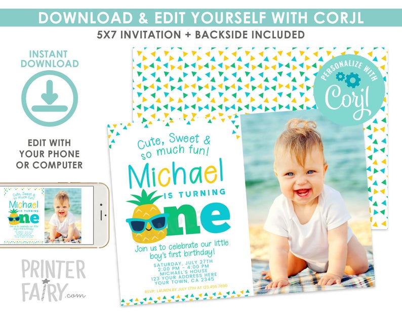 Pineapple First Birthday Invitation with Photo, EDITABLE, Pineapple Birthday Party, Luau Invitation, EDIT YOURSELF, Instant Download