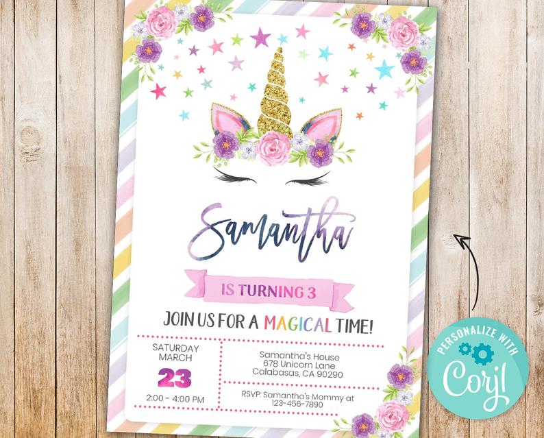 INSTANT DOWNLOAD – 3rd Birthday – Unicorn Birthday Invitation – Unicorn Invitation – Third Birthday – Unicorn Birthday Party