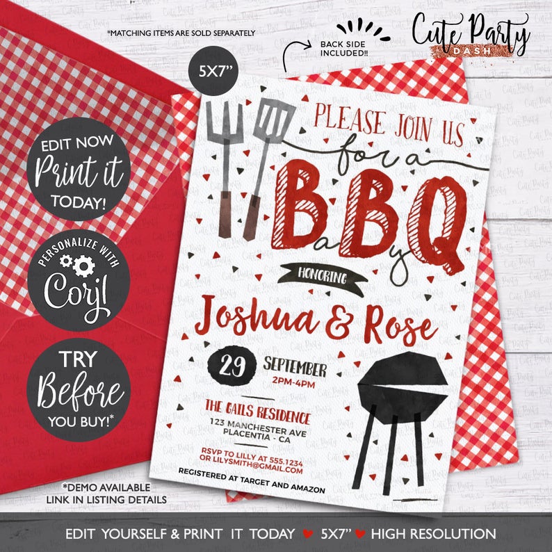 INSTANT DOWNLOAD, Editable BBQ Baby Shower invitation Red Barbecue co-ed baby shower corjl Invitation babyq editable digital download 201