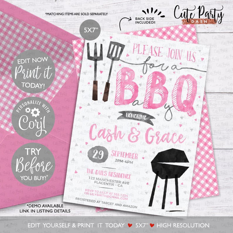 INSTANT DOWNLOAD – Editable BBQ Baby Shower invitation Pink Barbecue Girl baby shower corjl Invitation babyq editable digital download