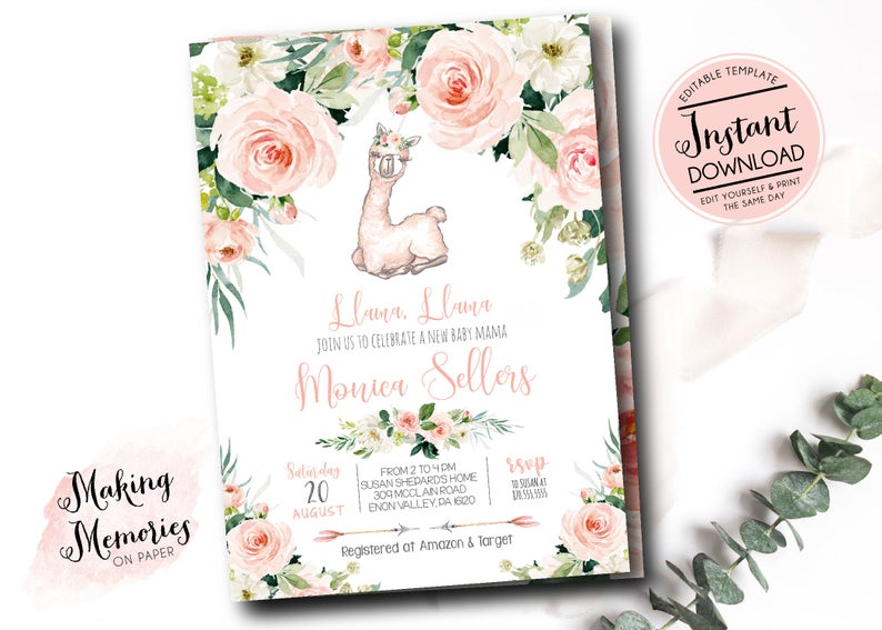 Llama baby shower invitation, baby llama shower invite, Llama Mama floral baby shower, INSTANT download edit yourself, blush, et3