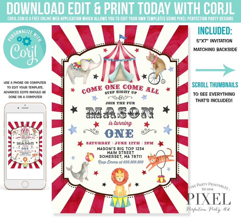 Circus Invitation Carnival Invitations Circus Carnival Birthday Invitation Circus Carnival Birthday Party Instant Editable File Corjl T9