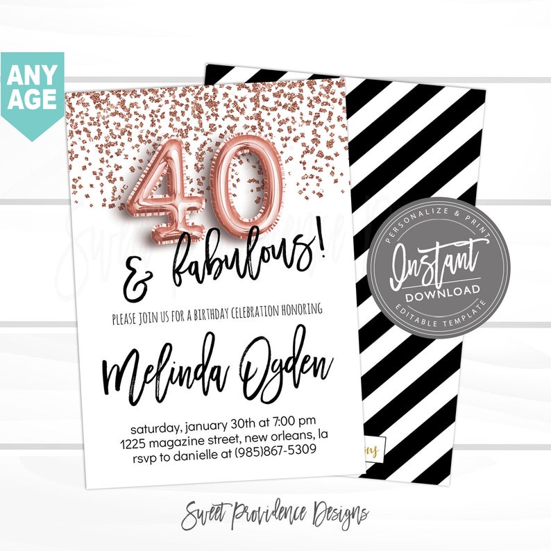 40th Birthday Invitation, Forty and Fabulous, Editable 40th Surprise Birthday Invite, 40AF, Printable Rose Gold Invite, Instant Access