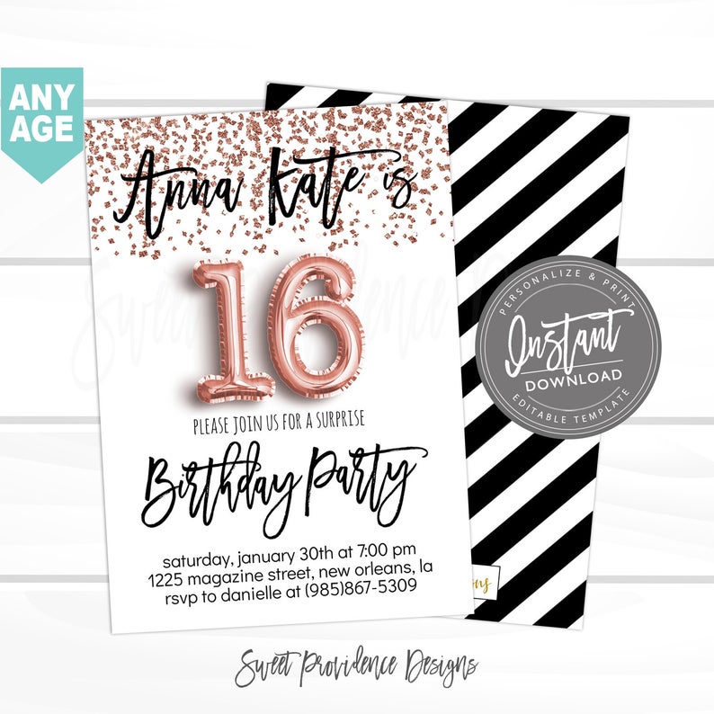 16th birthday Invitation, Editable Sweet 16 Birthday Party Invite, Black & Rose Gold Glitter Surprise 16th party, Printable Instant Access