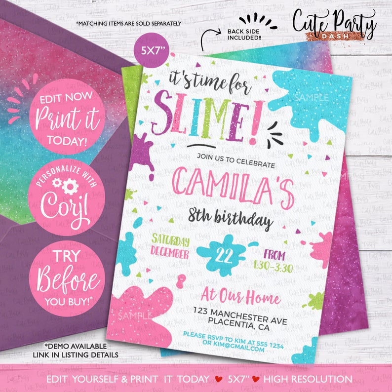 INSTANT DOWNLOAD – EDITABLE Slime Birthday Party invitations Glitter Slime corjl invitations slime invitation editable digital pink blue