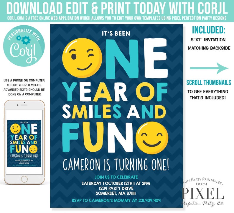 Emoji Birthday Invitation Emoji Smiley Face Birthday Invitation Boy First Birthday Boy 1st Birthday Instant Download Editable File Corjl V6