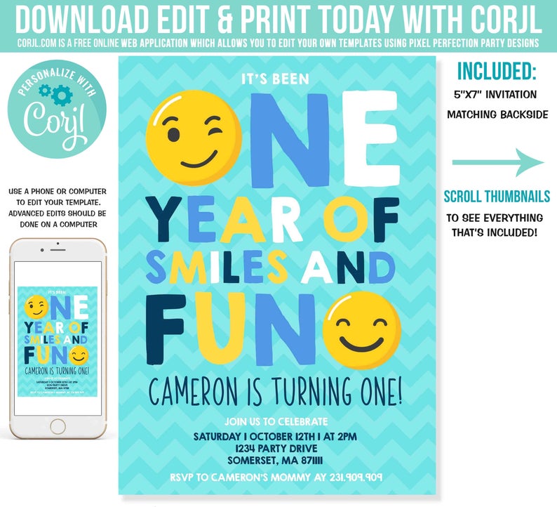 Emoji Birthday Invitation Emoji Smiley Face Birthday Invitation Boy First Birthday Boy 1st Birthday Instant Download Editable File Corjl V6