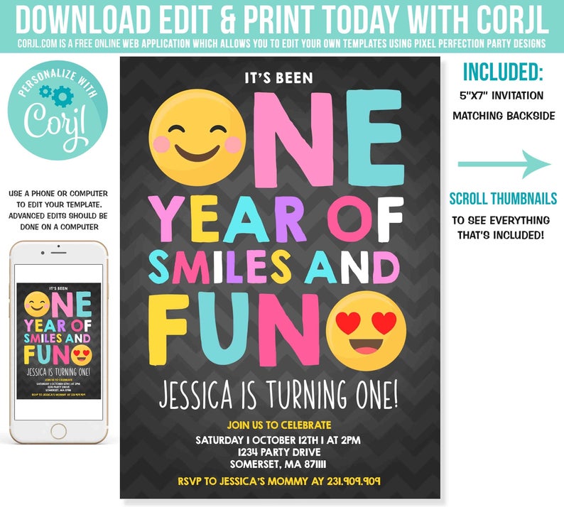 Emoji Birthday Invitation Emoji Smiley Face Birthday Invitation Girl First Birthday Girl 1st Birthday Instant Download Editable PDF Corjl V6