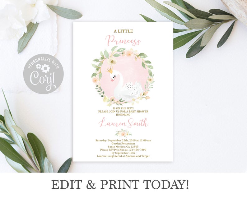 Swan baby shower invitation, swan princess invite, instant download, edit yourself template, pink and gold, shower girl invitation