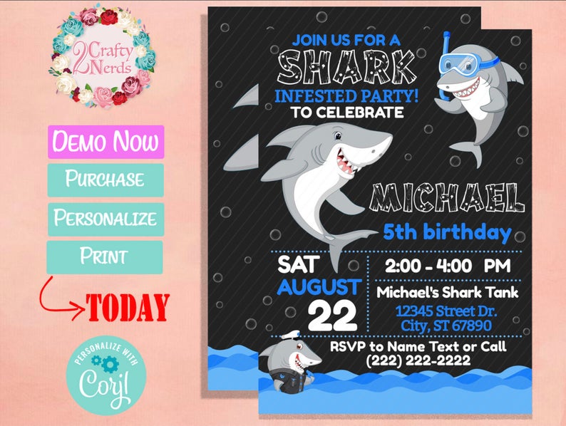 Shark Birthday Invitation, Shark Party, Shark Theme | Editable Instant Download | Edit Online NOW Corjl | INSTANT ACCESS
