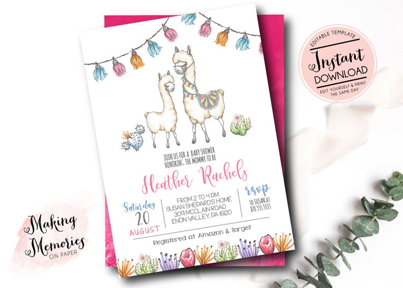 llama Baby Shower Invitation, Alpaca invitation, Fiesta baby shower invite, baby llama baby shower invite, instant download, Template