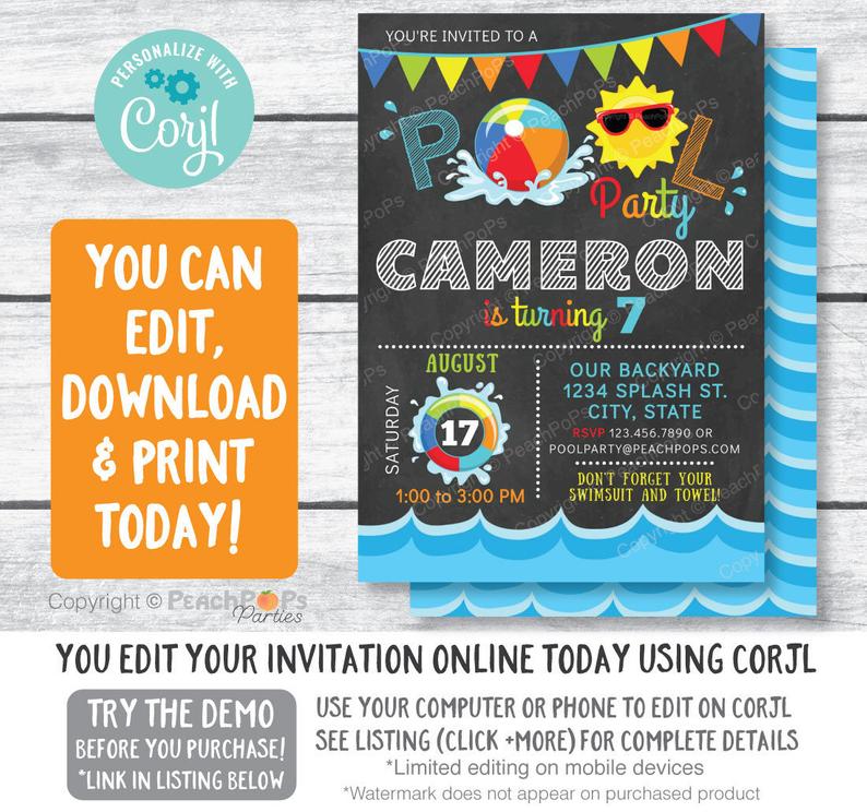 Pool Party Birthday Invitation – Swimming Party – Splash Swim – Chalkboard Style – DIGITAL Printable Editable Invite 5” x 7” – Edit NOW