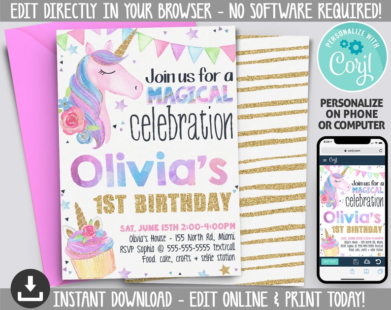 Unicorn Birthday Invitation – INSTANT DOWNLOAD – Printable Unicorn Birthday Invite -Any Age- Personalize with Corjl & Print – UN1