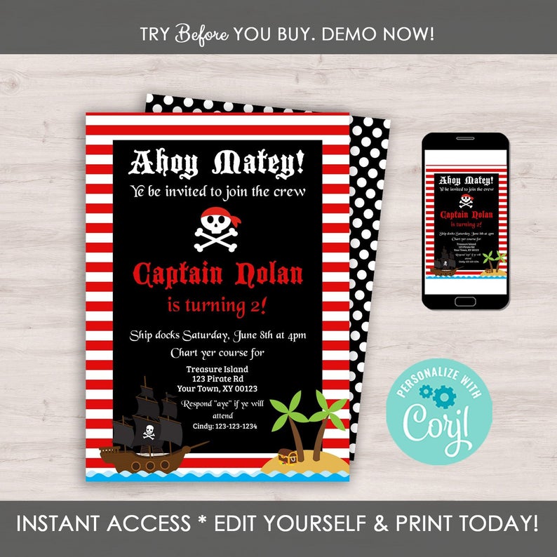 Pirate Birthday Invitation Template, Editable Pirate Invitation, Pirate Party Invitation, Pirate Theme Party, Summer Party, Pool Party