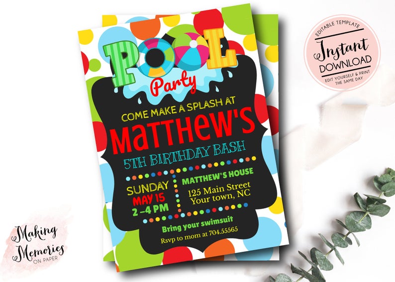 Pool Party Invitation, Kids Birthday, Summer Birthday, Splash, Water Party, Pool Invite, INSTANT download, DIY, edit yourself, Template