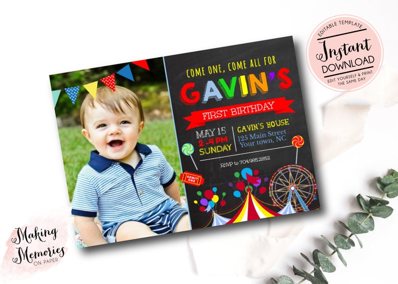Circus Birthday Invitation, Carnival Birthday Invitation, Edit yourself instant download circus invite, Circus first birthday