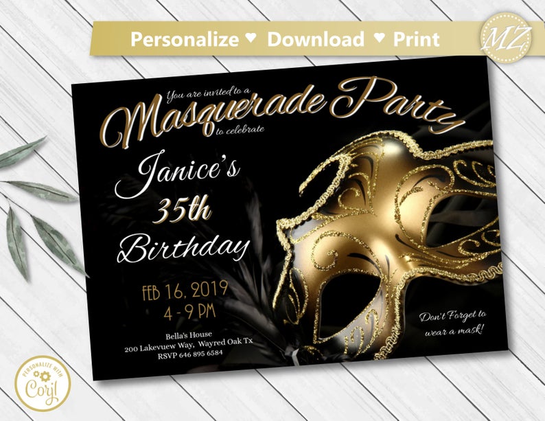 Masquerade Invite, Masquerade Invitation EDITABLE template, Gold Masquerade Birthday Invitations, Halloween Mask Corjl Printable Invites