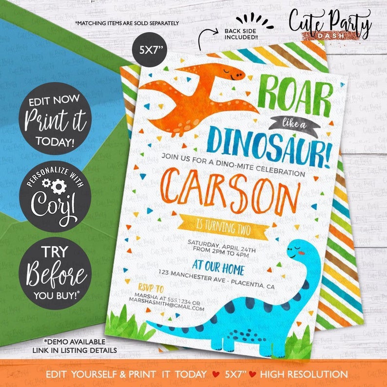 INSTANT DOWNLOAD, SALE, Dinosaur Birthday invitations T-Rex Birthday Printable Watercolors birthday corjl invitations dino-mite Invite