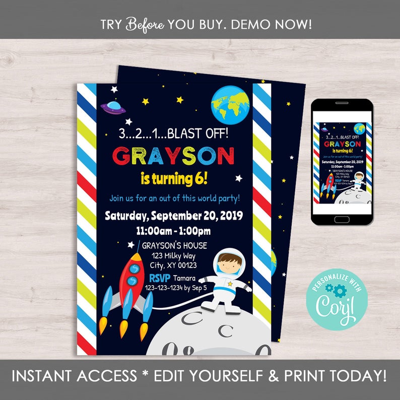 Space Birthday Invitation, Astronaut Birthday Invitation, Outer Space Party Invitation, Rocket Party Invitation, Out of this World