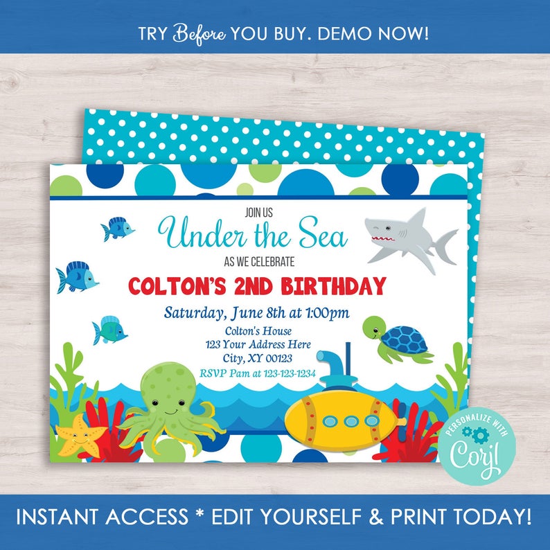 Under the Sea Birthday Invitation Template, Fish Birthday Invitation, Under the Sea Party Invite, Ocean Birthday Invitation, Sea Creatures