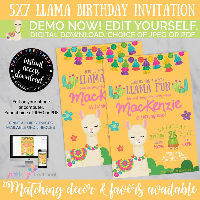 Llama Birthday Invitation, Llama Birthday Party Invitation, Llama Party, Llama Fun, INSTANT DOWNLOAD # 230