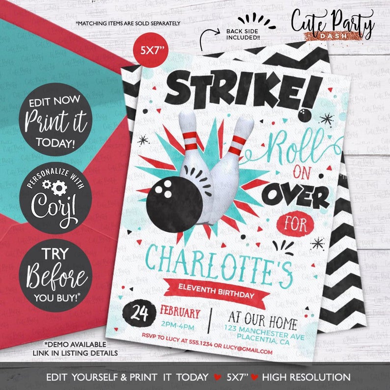 INSTANT DOWNLOAD – EDITABLE Bowling birthday invitation Printable Bowling birthday corjl invitation bowling aqua teal for boy girl adult