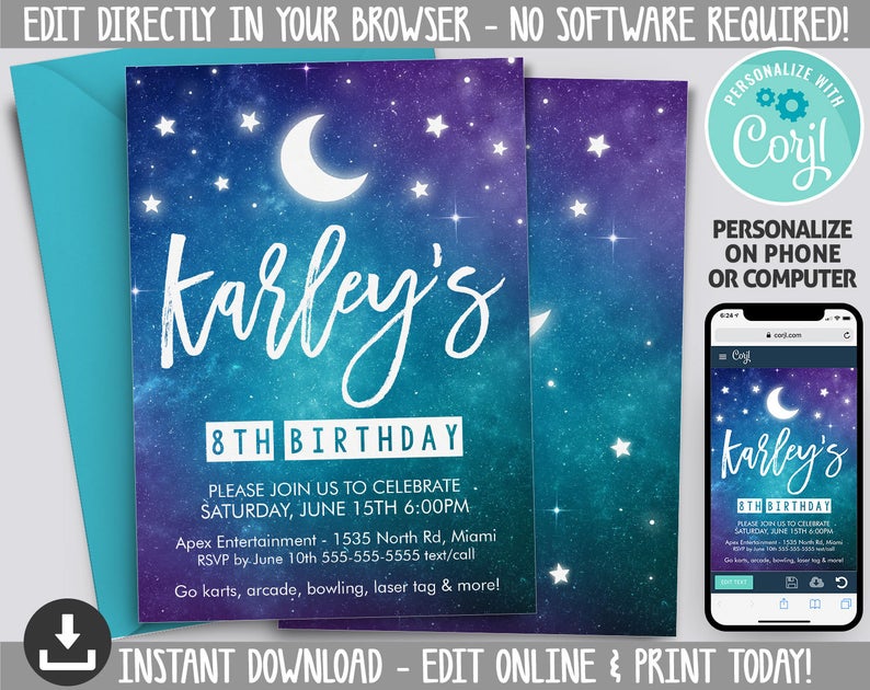Galaxy Birthday Invitation – INSTANT DOWNLOAD – Galaxy Birthday Invite – Stars Moon – Any Age – Personalize with Corjl & Print- GL1