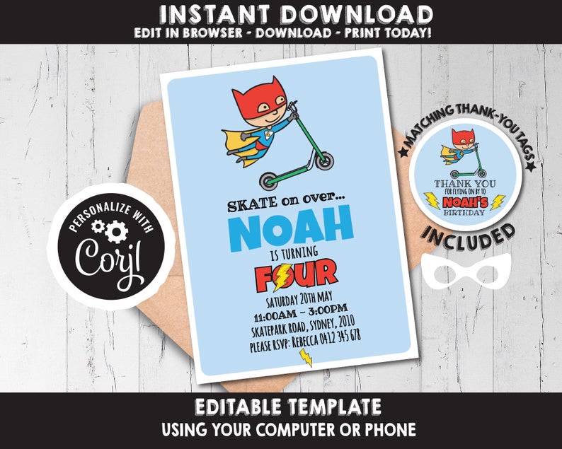 Scooter Superhero Invitation with Thank you tags INSTANT DOWNLOAD printable. Hero party invitation. Editable customisable with Corjl