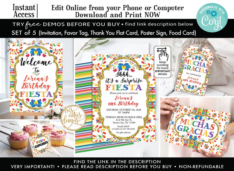 Fiesta Mexican Birthday Theme, 60th Surprise Birthday, Black and Gold, Set of 5, Edit with Corjl, from your phone or computer, Templates