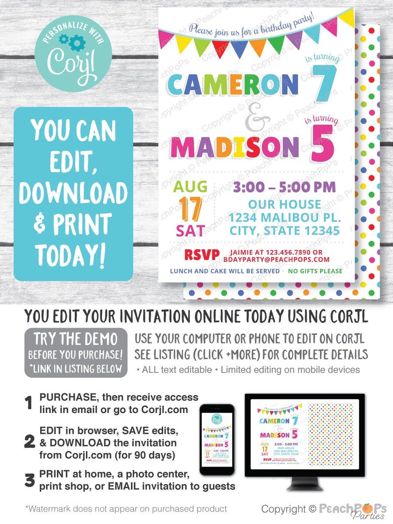 Joint Birthday Party Invitation Combined Boys Girls Twins Brother Sister Any Age DIGITAL Printable Invite 5” x 7” Self Editable – Edit NOW!
