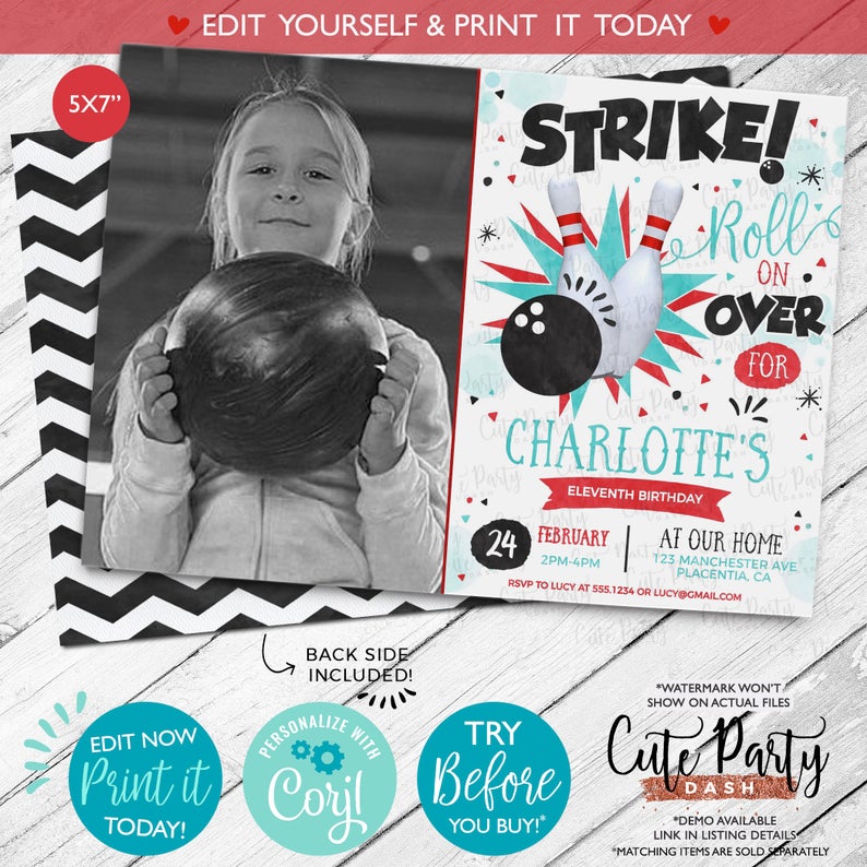 INSTANT DOWNLOAD – EDITABLE Bowling birthday Photo invitation Printable Bowling birthday corjl invitation bowling aqua teal boy girl adult