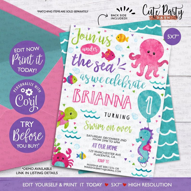 INSTANT DOWNLOAD – EDITABLE Under the sea invitation Girl Pink Purple printable corjl invitation birthday invitation beach party invitation