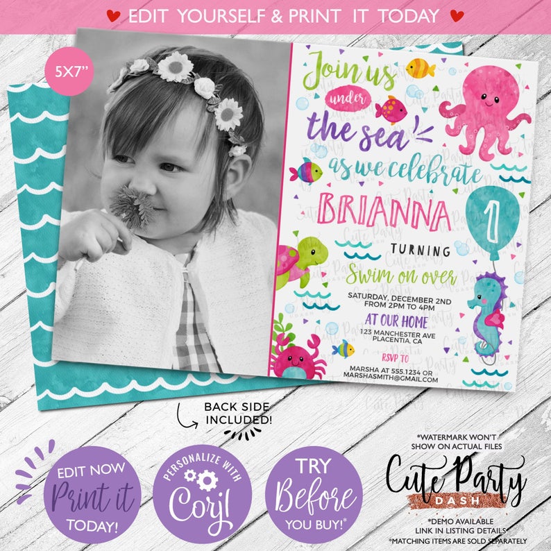 INSTANT DOWNLOAD – EDITABLE Under the sea invitation Girl Pink Purple printable corjl invitation birthday invitation beach Photo invitation