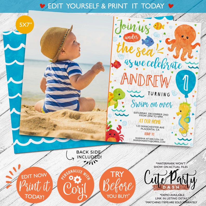 INSTANT DOWNLOAD – EDITABLE Under the sea invitation printable corjl invitation Watercolors water birthday invitation beach party invitation