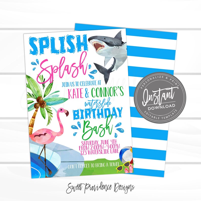 Pool Party Invitation, Shark Flamingo Waterslide, Sibling Birthday Invite, Summer Birthday Party, Editable template INSTANT ACCESS- Edit NOW