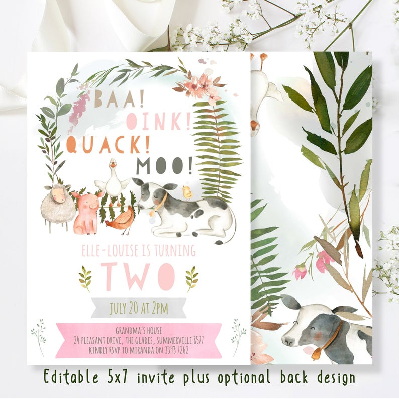 EDITABLE Printable Girl 2nd Birthday, Two,Invitation, Farm Animals, Farm Animal Invitations, Custom Invitation, Corjl, Cow, Pig, Sheep, Duck