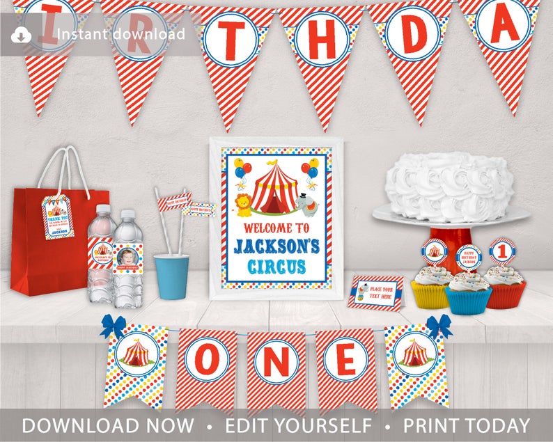 Circus Birthday Party Decorations Bundle | Editable Template Online | Instant Download