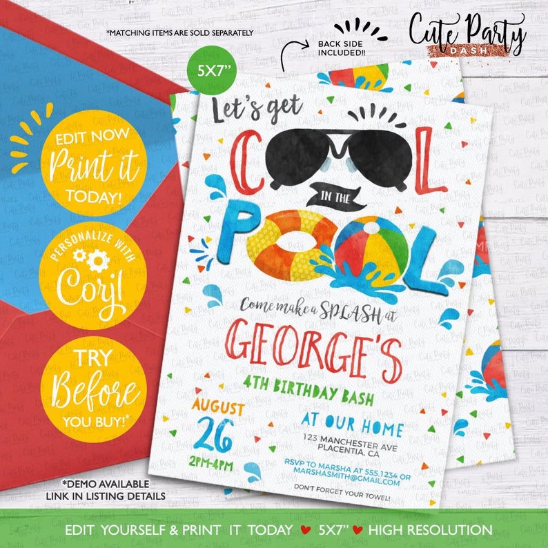 INSTANT DOWNLOAD – EDITABLE Pool party invitation pool party Birthday corjl invitation decorations beach ball Birthday summer poo01