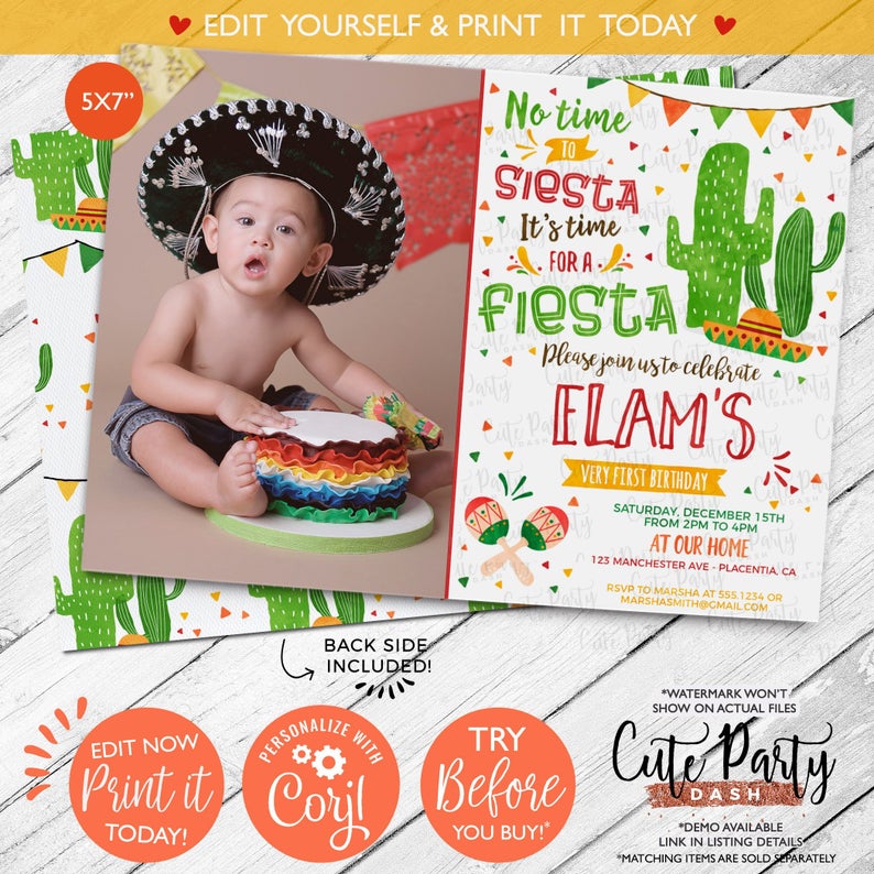 INSTANT DOWNLOAD – EDITABLE Fiesta Birthday Photo invitation printable Fiesta corjl invitation Mexican party invitation No time to siesta