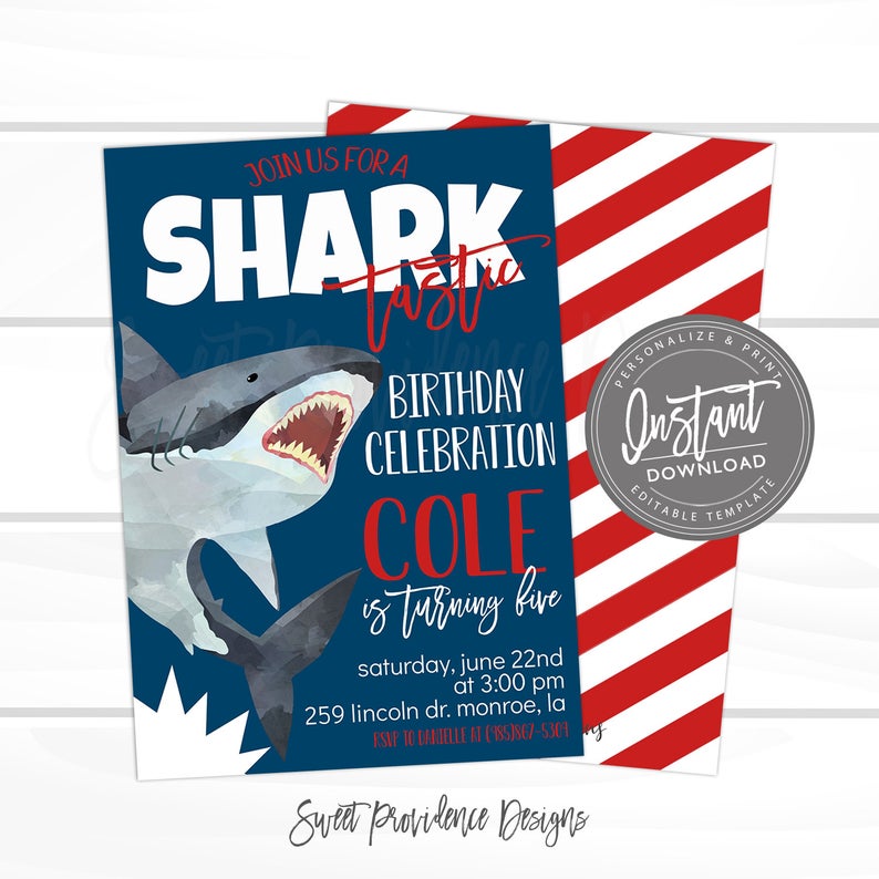 Shark Birthday Invitation, Sharktastic Party Invite, Jaws Shark Invitation, Great White Party template, Instant Access -Edit NOW
